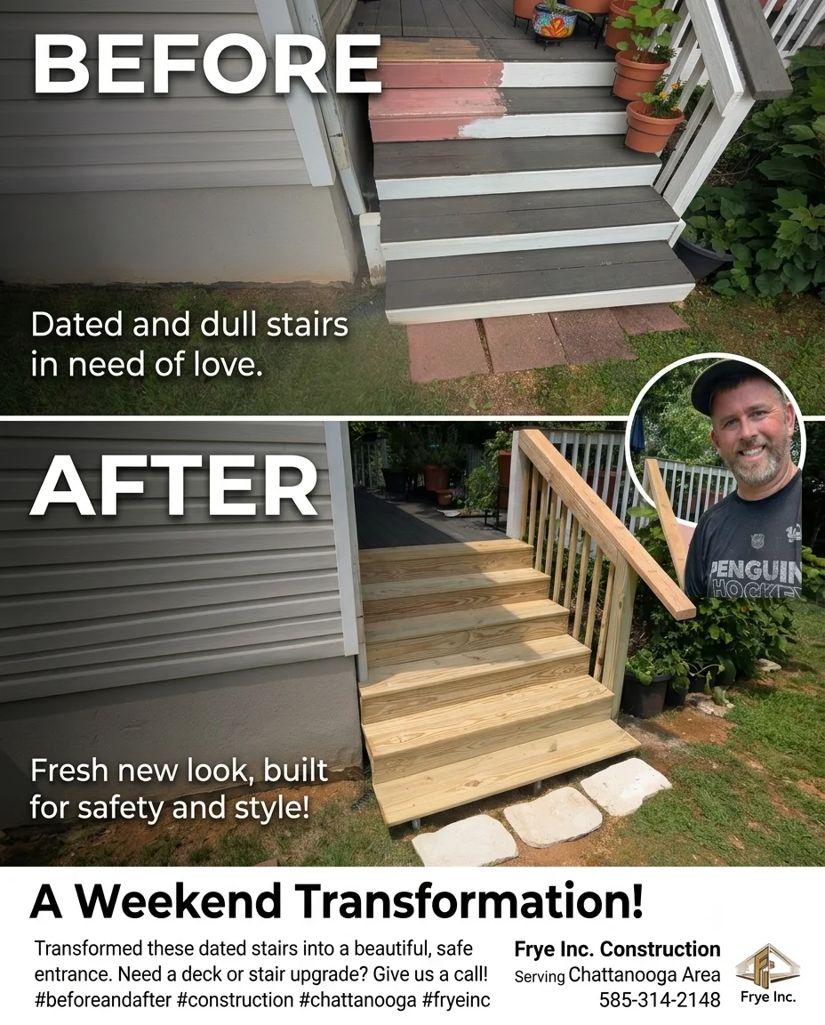 Before and after view of exterior stairs rebuilt by Frye Inc.