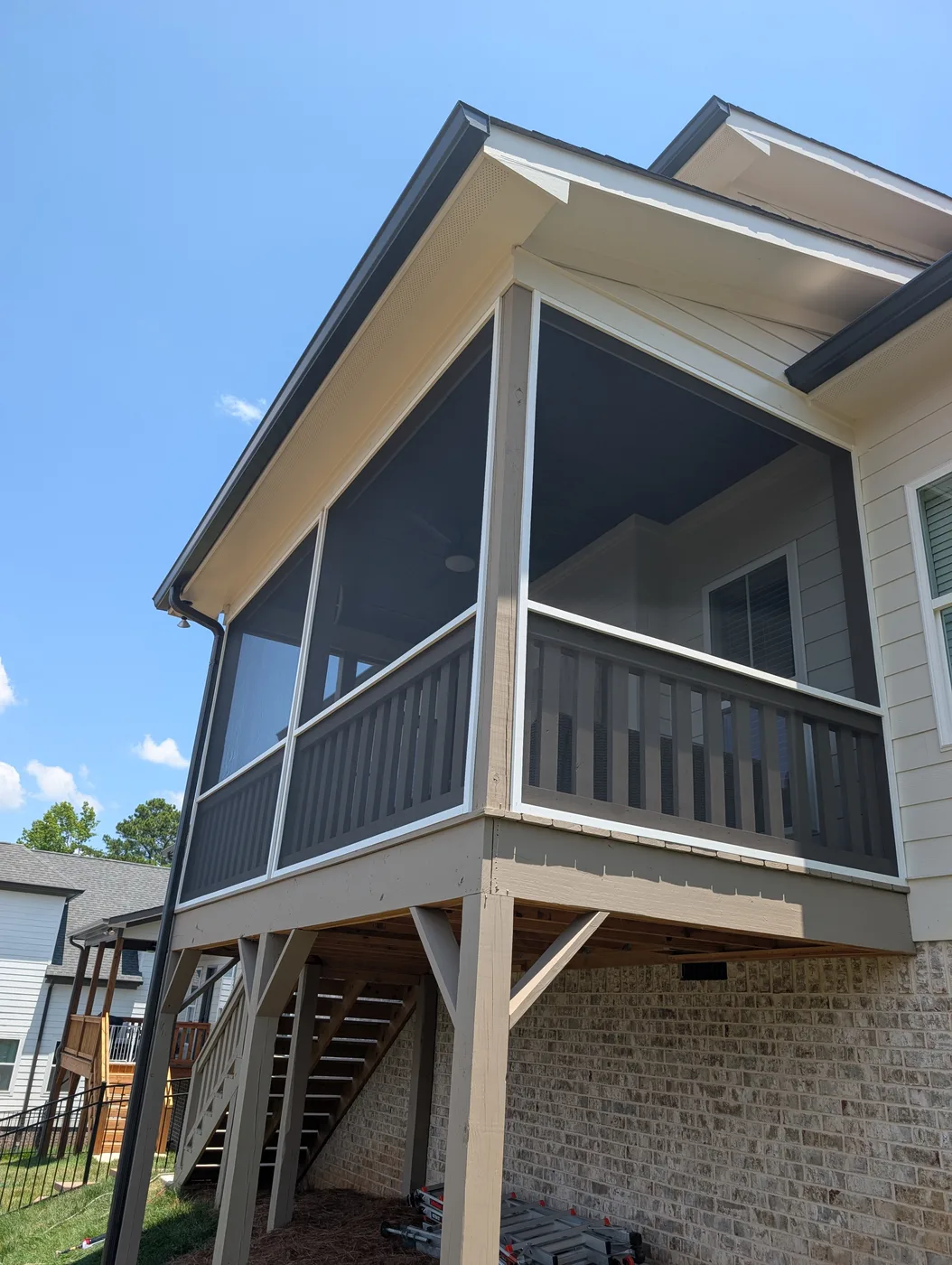 Screen panels and framing on an elevated porch, from a Frye Inc. project