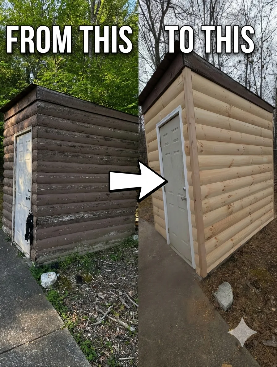 Owner-supplied before-and-after comparison of weathered shed siding replaced with natural wood siding by Frye Inc.